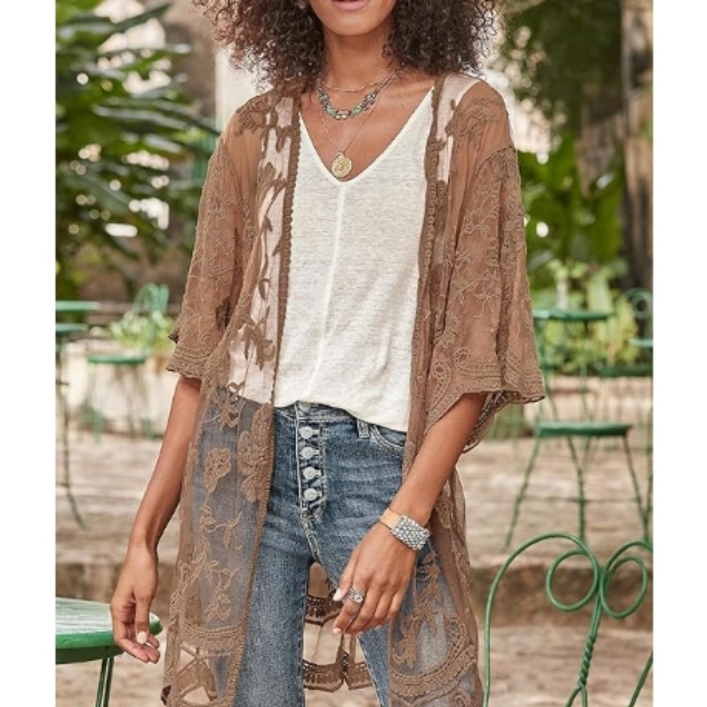 Long Flowy Lace Kimono Cardigan Boho Style Open Cover Ups Brown
